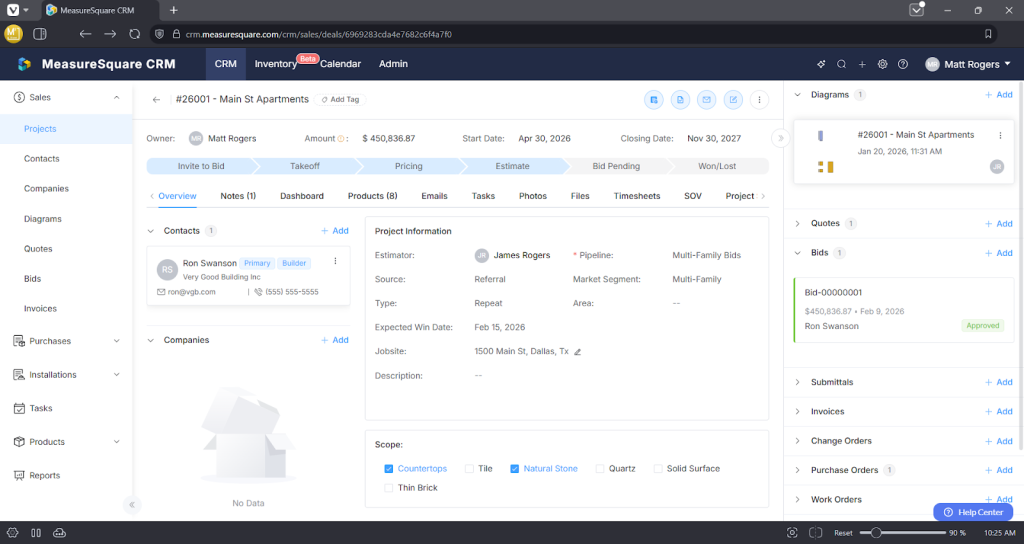 Screenshot of a specific project in the CRM project dashboard, showing the workflow from bid to final payment.
