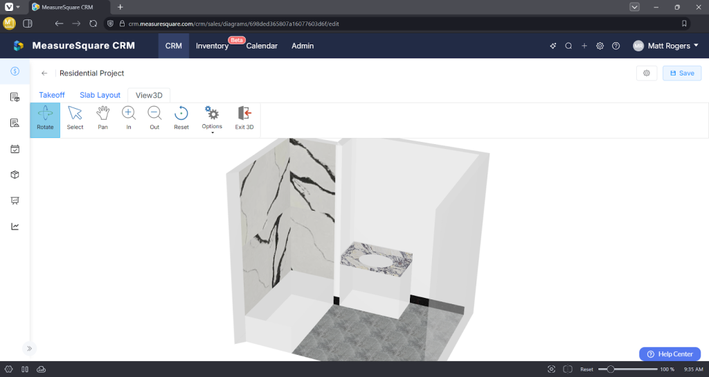 3D visual rendering of a bathroom design with marble countertops and a shower.