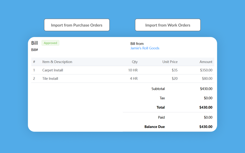 image depicting the concept of MeasureSquare CRM pulling directly from purchase orders and work orders into bills.