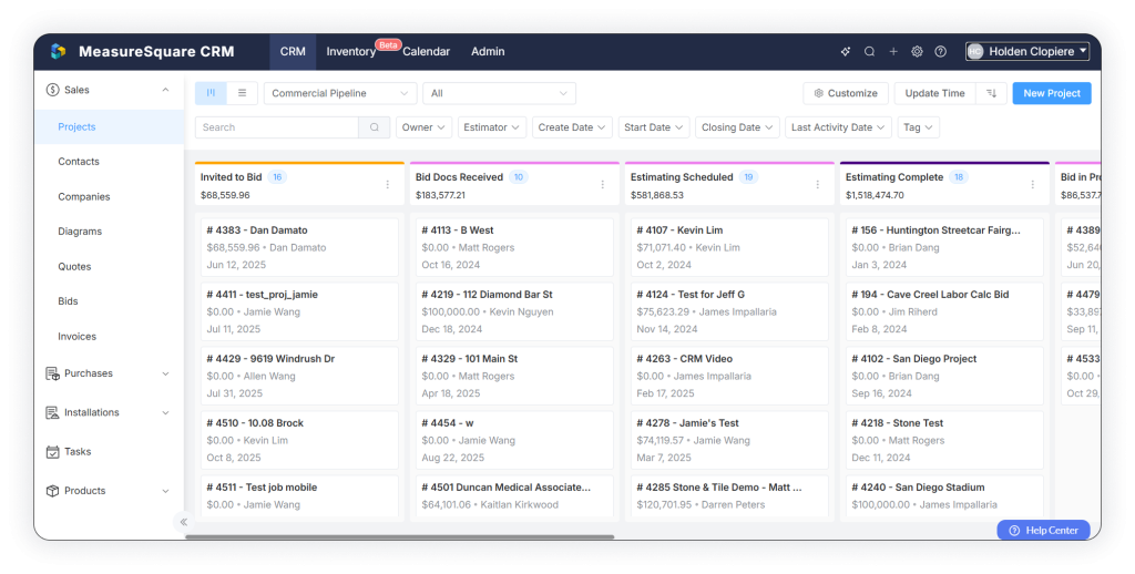 image showing the UI of the MeasureSquare CRM for flooring